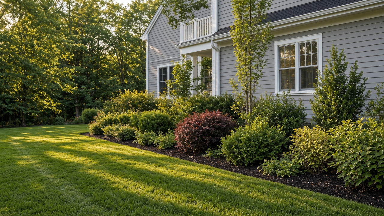 Edged front lawn along a Fairhaven clapboard house